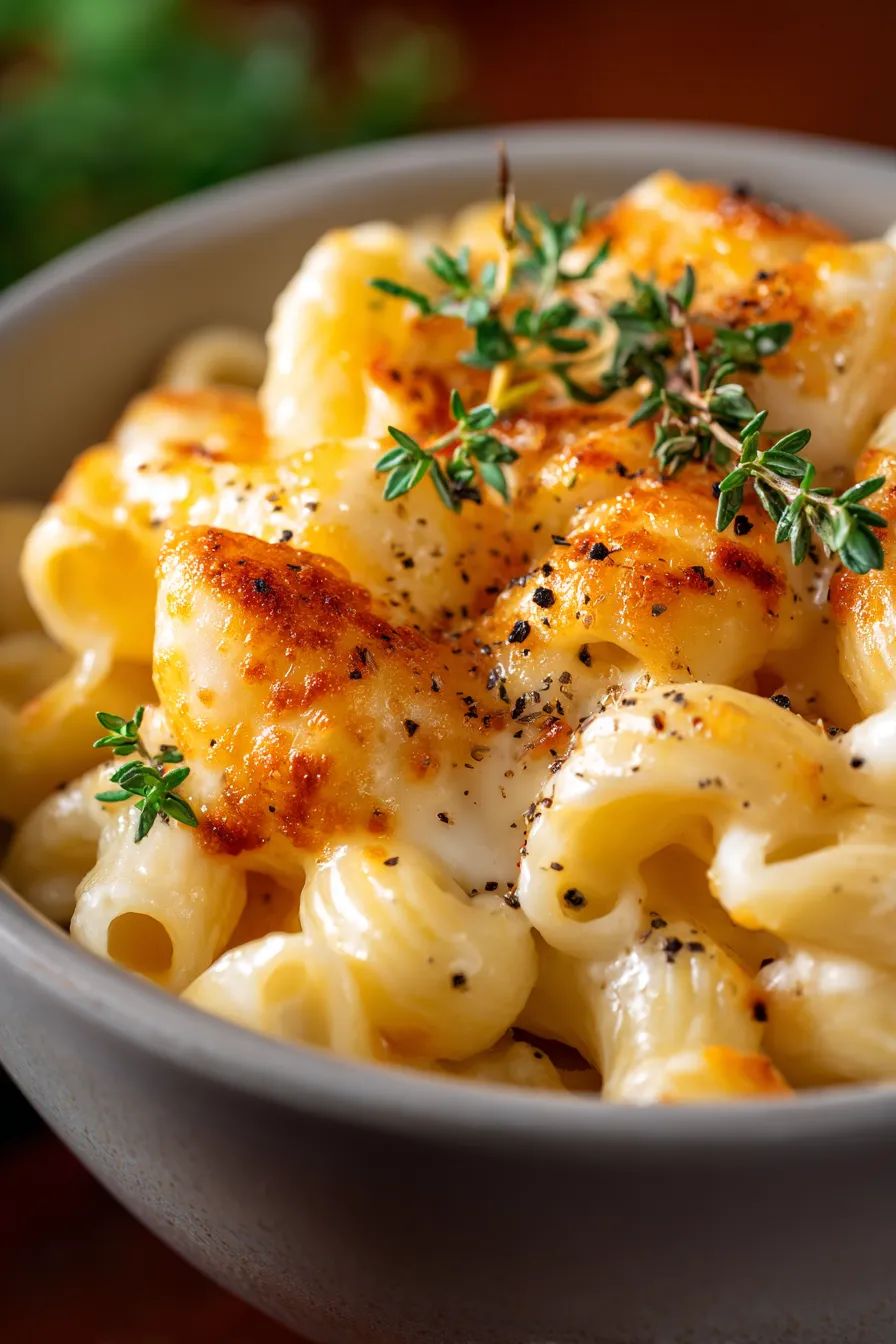 Brie Mac and Cheese: Creamy Comfort in Every Bite-serving bowl-fresh herbs
