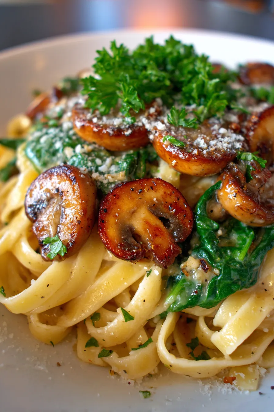 Creamy Parmesan Spinach Mushroom Pasta, fresh ingredients, prep