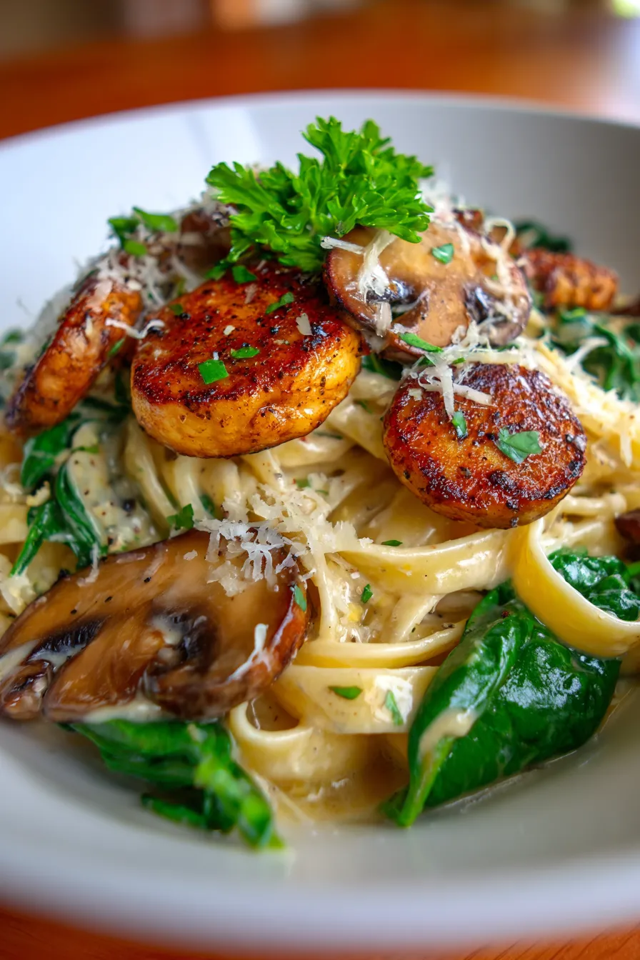 Creamy Parmesan Spinach Mushroom Pasta, garnished, serving bowl