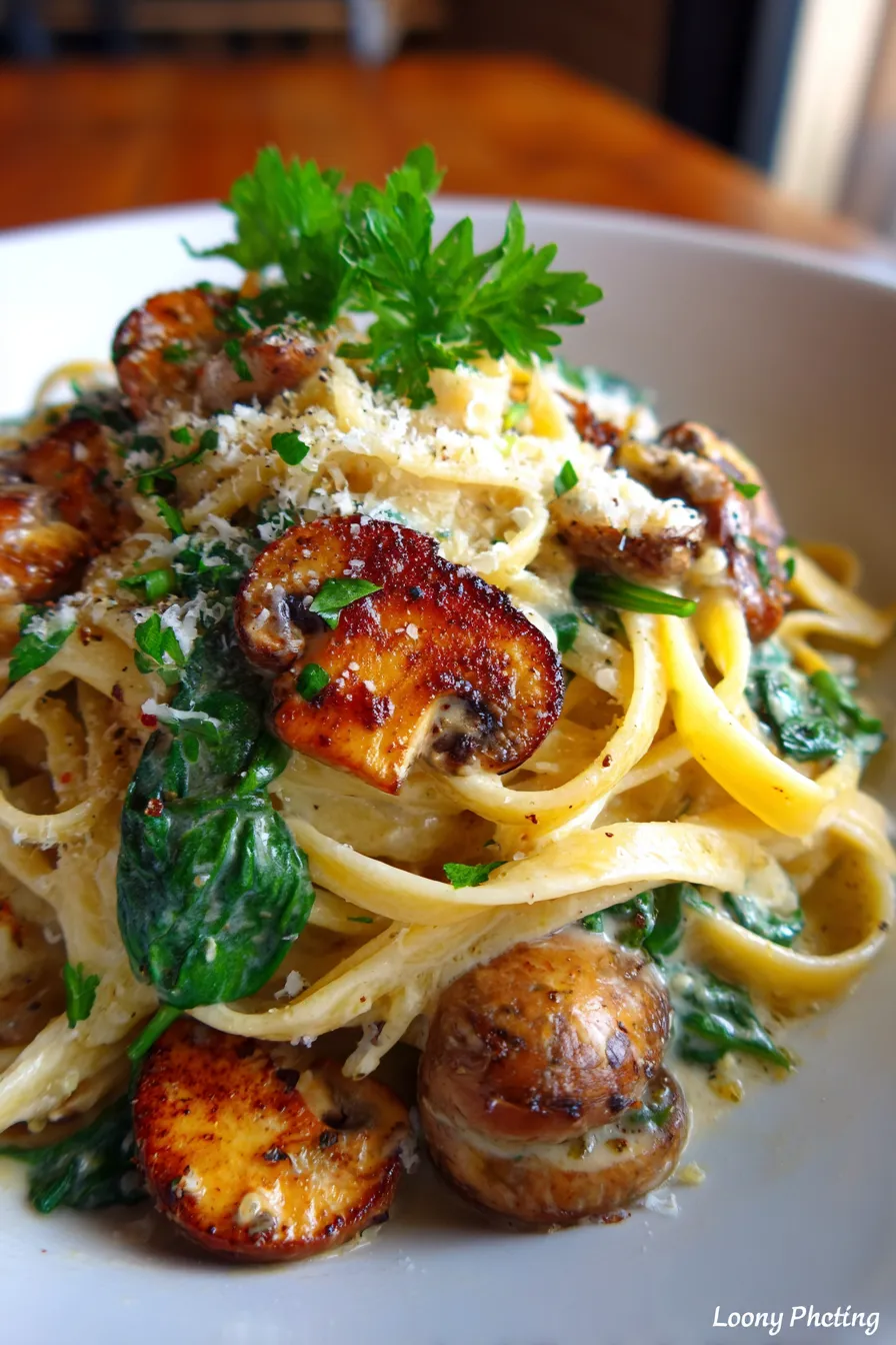 Creamy Parmesan Spinach Mushroom Pasta, sauce texture, close-up