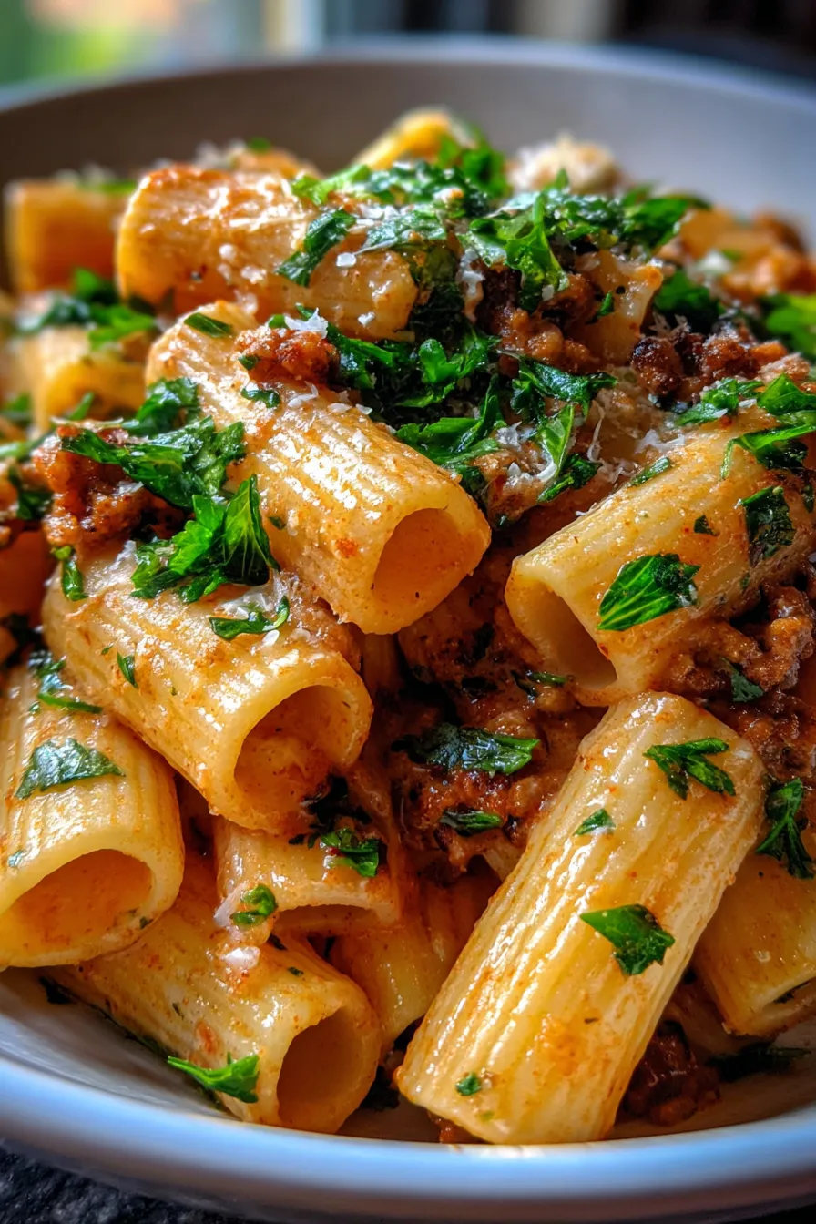 Creamy Sausage Rigatoni Pasta Recipe-serving-fork