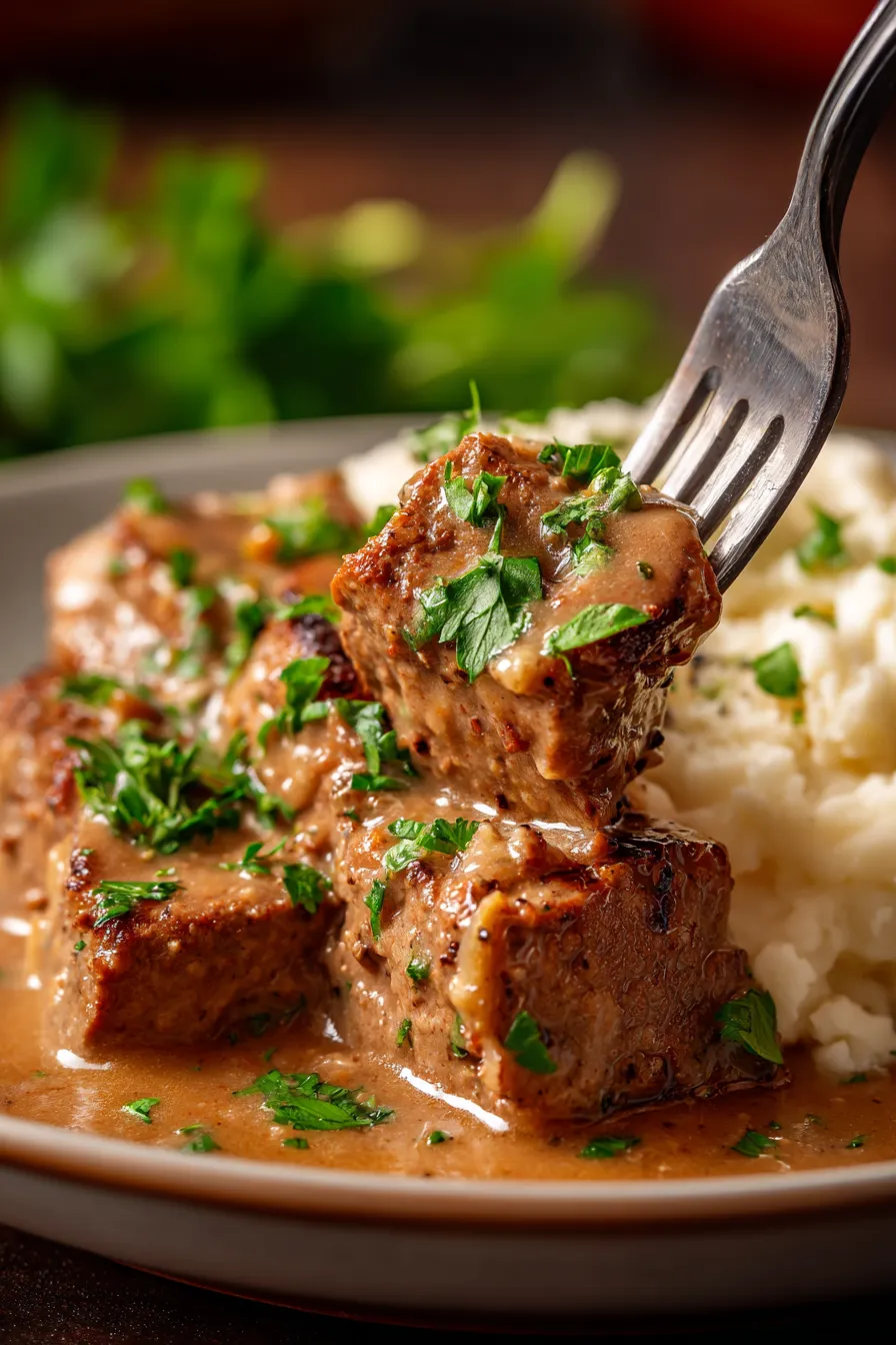Crock Pot Cube Steak and Gravy-served-potatoes