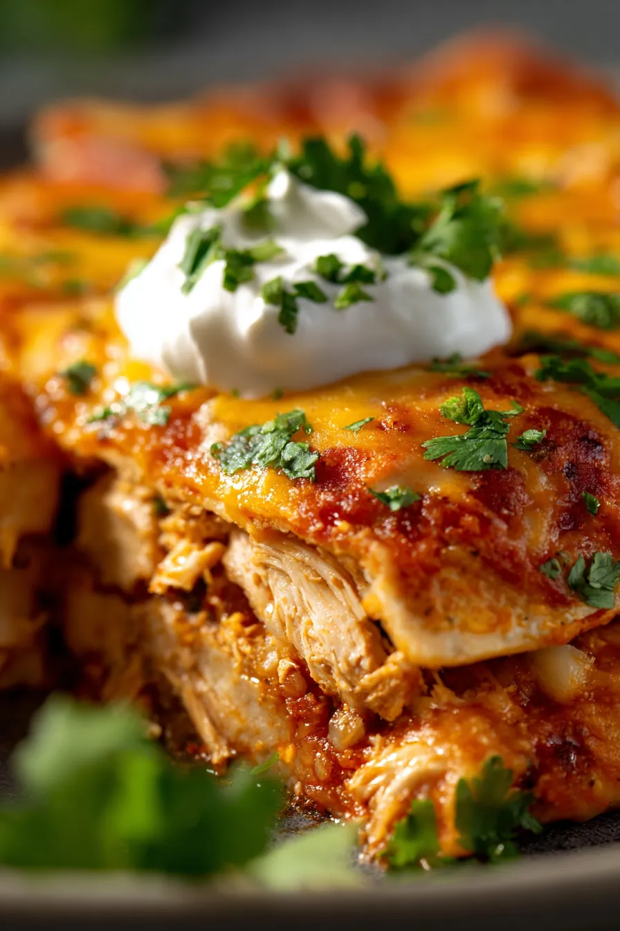Crockpot Chicken Enchilada Casserole-layers-closeup