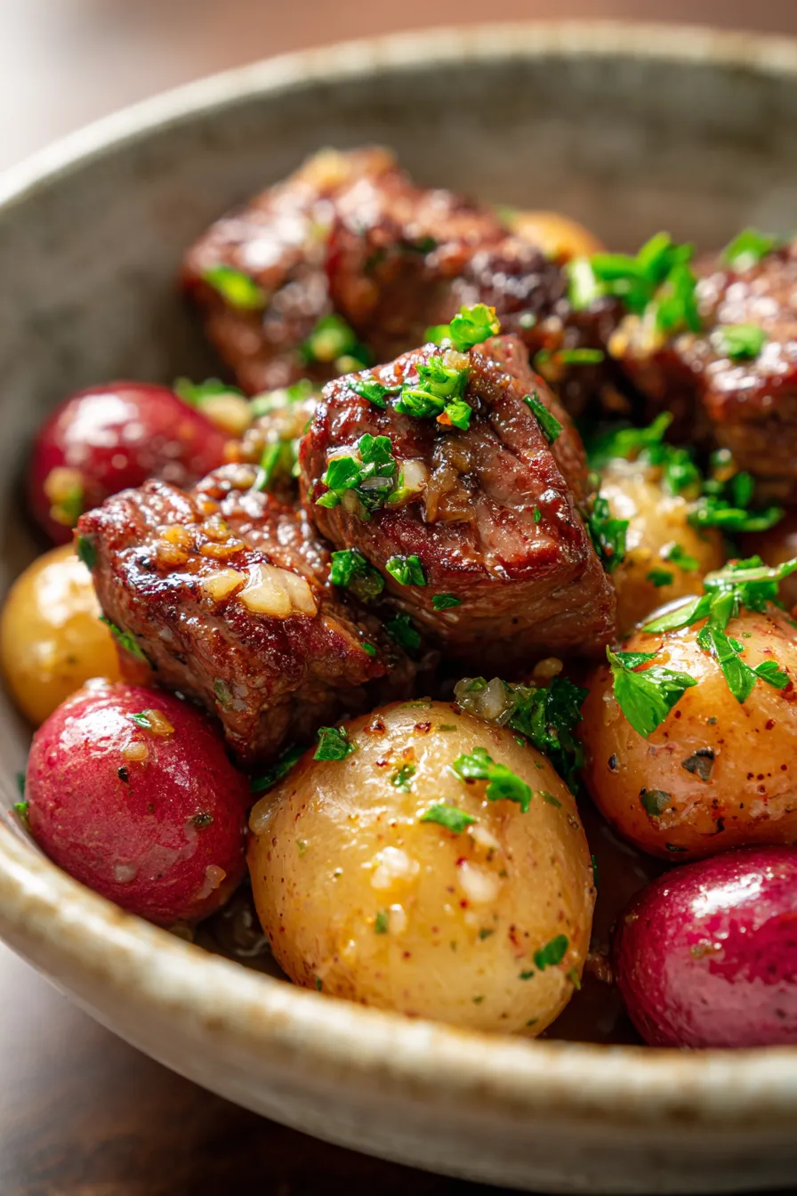 Crockpot Garlic Butter Beef Bites with Potatoes - served in bowl - comfort food