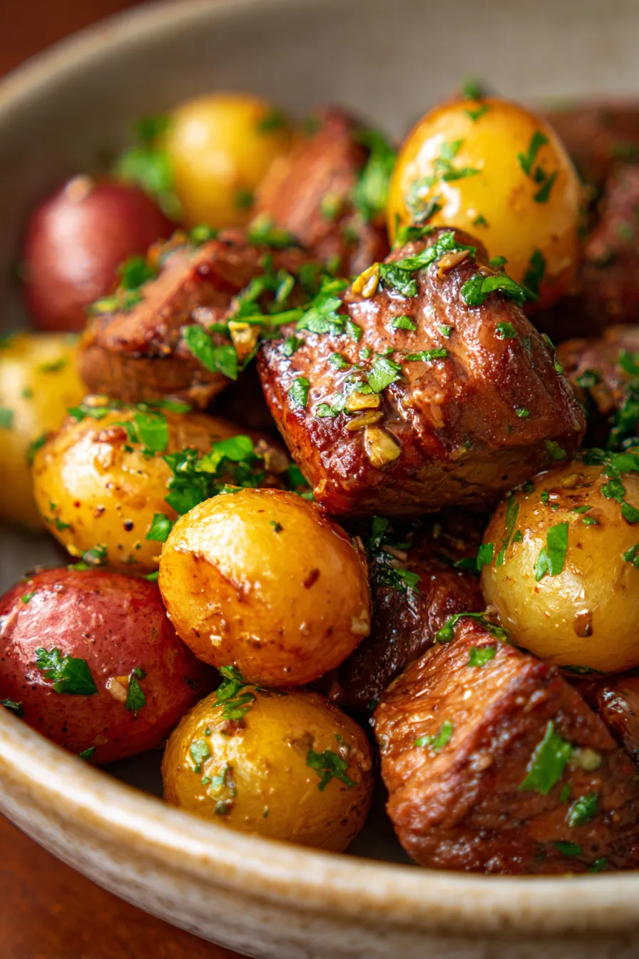 Crockpot Garlic Butter Beef Bites with Potatoes - texture closeup - tender beef