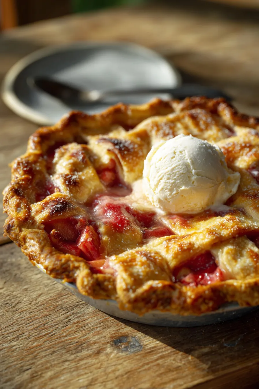 Fresh Rhubarb Pie Recipe-slice-closeup