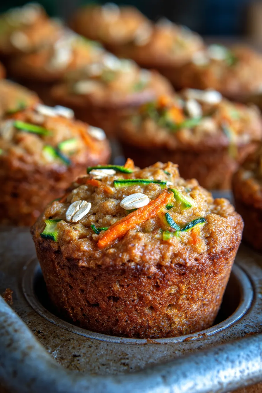 Freshly baked Zucchini Carrot Oatmeal Muffins with ingredients