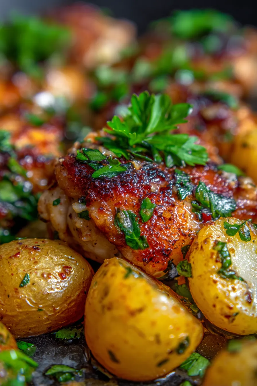 Garlic Parmesan Chicken Thighs Potatoes - Chicken Thigh Closeup - Crispy Skin