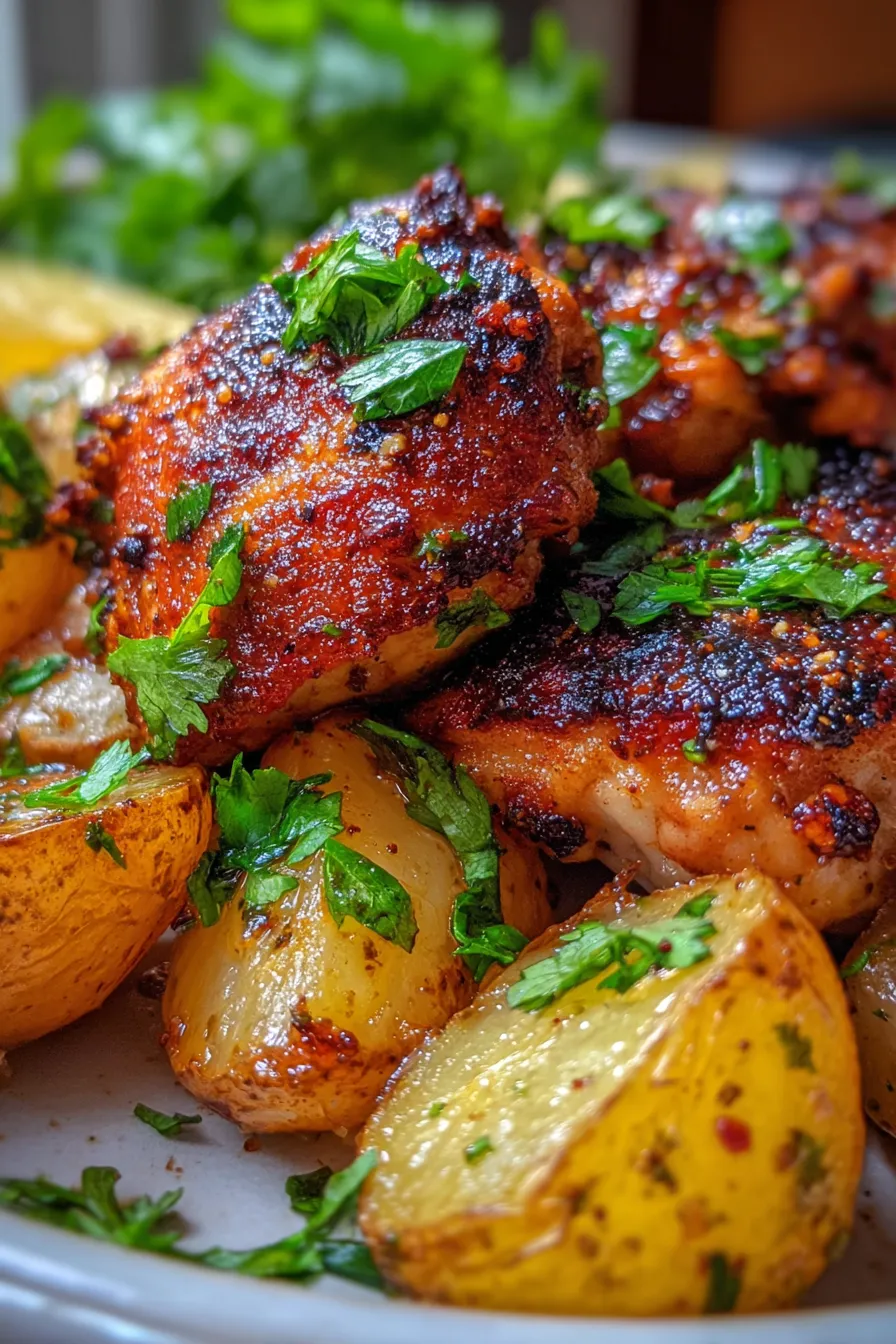 Garlic Parmesan Chicken Thighs Potatoes - Finished Dish - Garnished