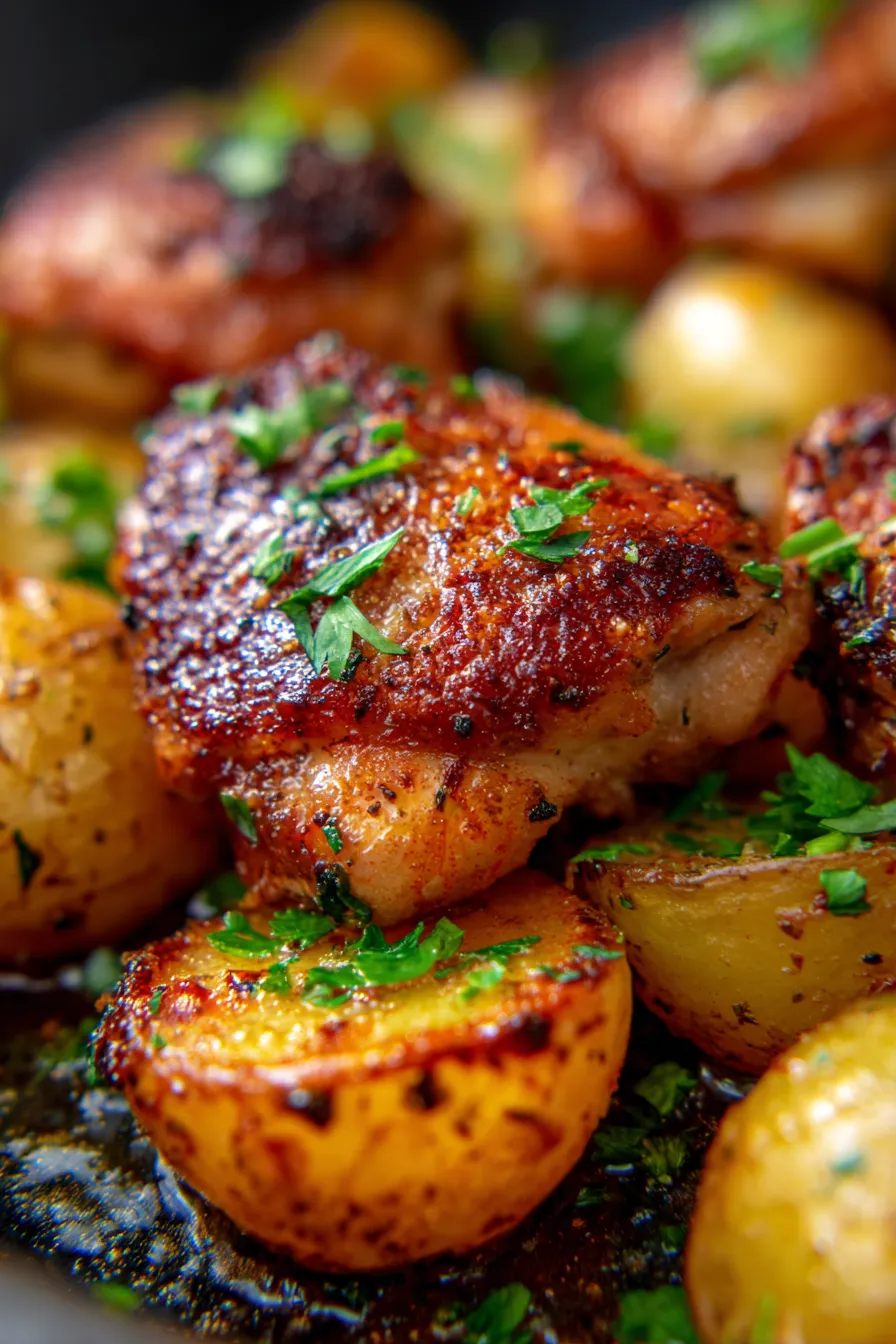 Garlic Parmesan Chicken Thighs Potatoes - Roasted Potatoes - Golden Texture