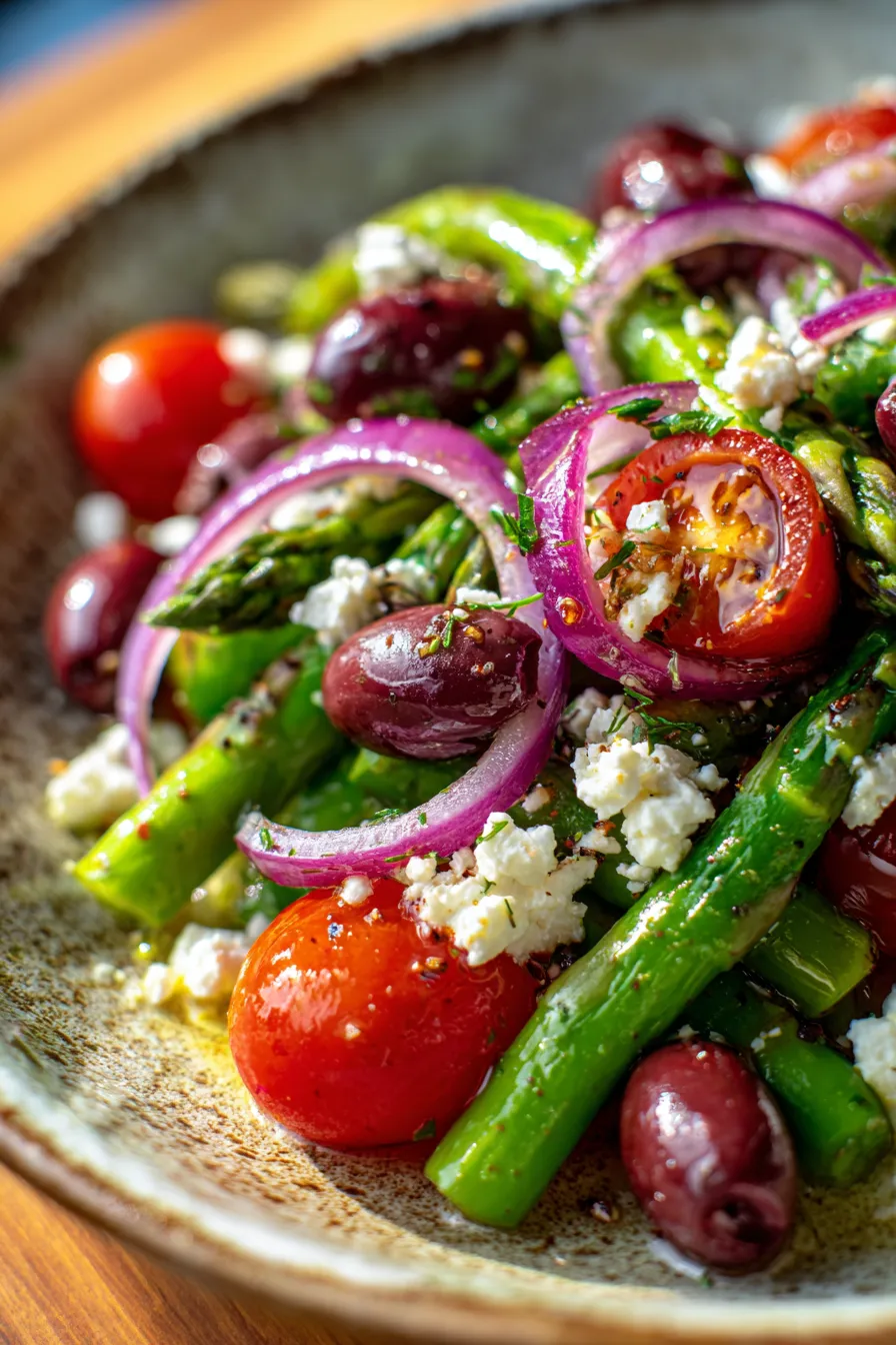 Greek Asparagus Salad • Olive & Mango-dressing-pour-action