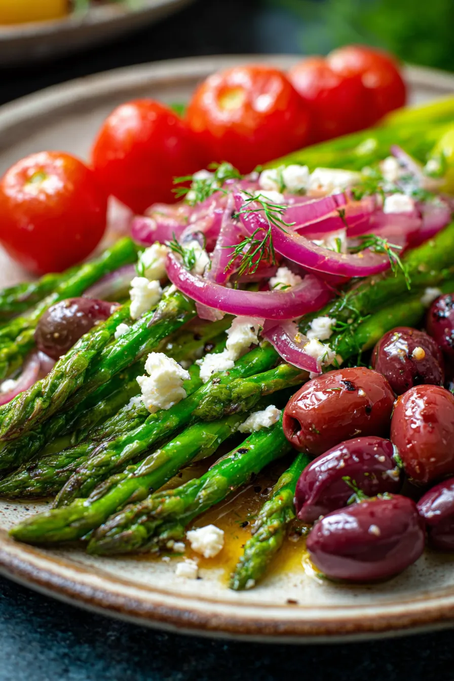 Greek Asparagus Salad • Olive & Mango-plated-sideview-healthy