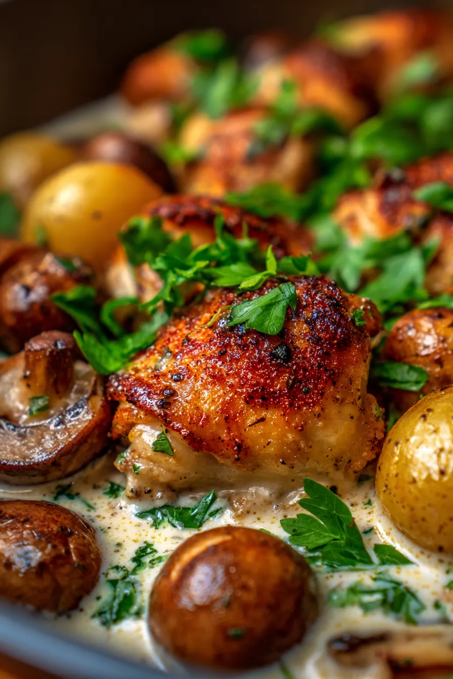 Herb Roasted Chicken in Creamy White Sauce with Mushroom and Potatoes: Cozy Dinner Recipe — Under A Tin Roof-texture-closeup