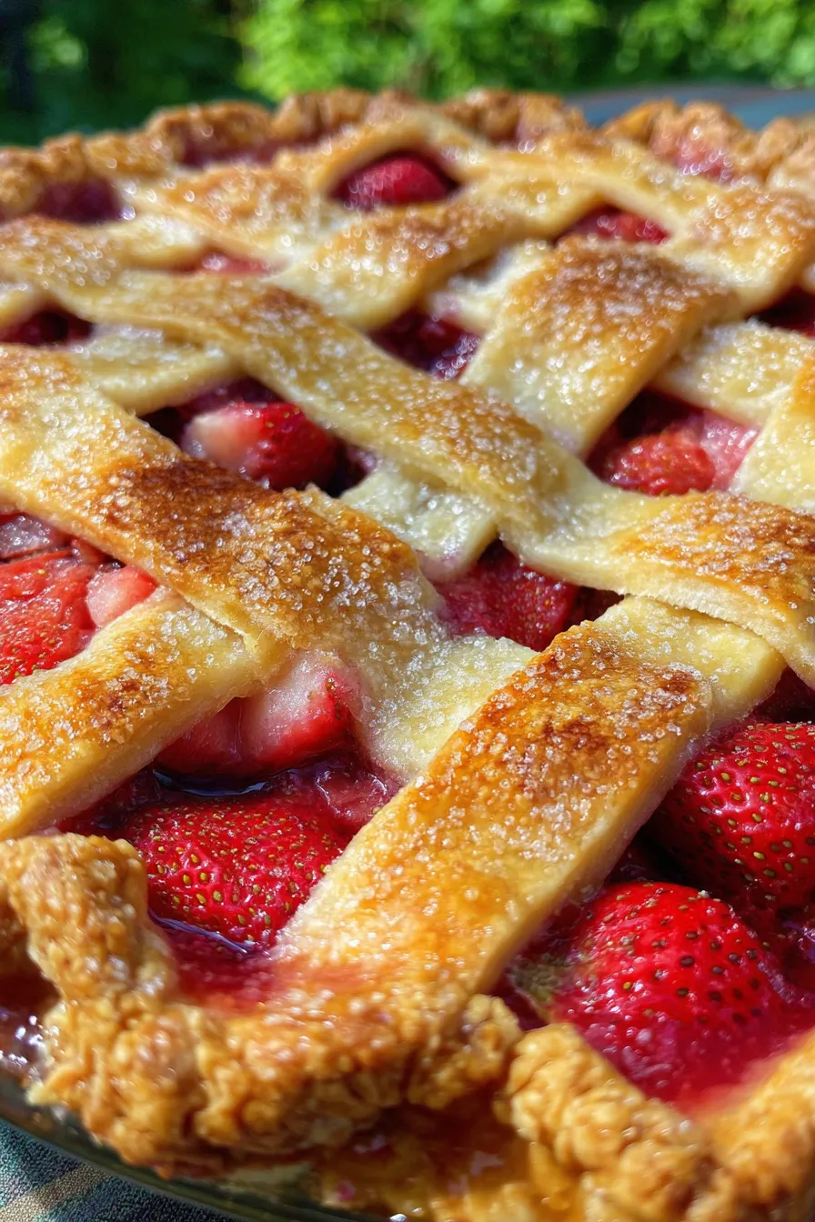 homemade strawberry rhubarb pie full top view