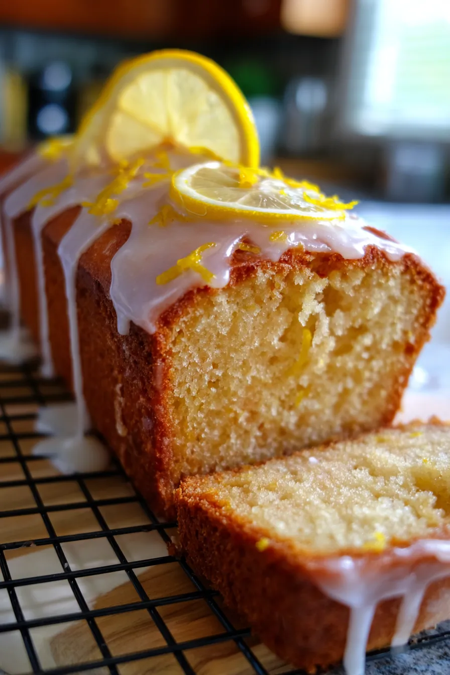 Lemon Loaf Cake with Lemon Glaze on cooling rack