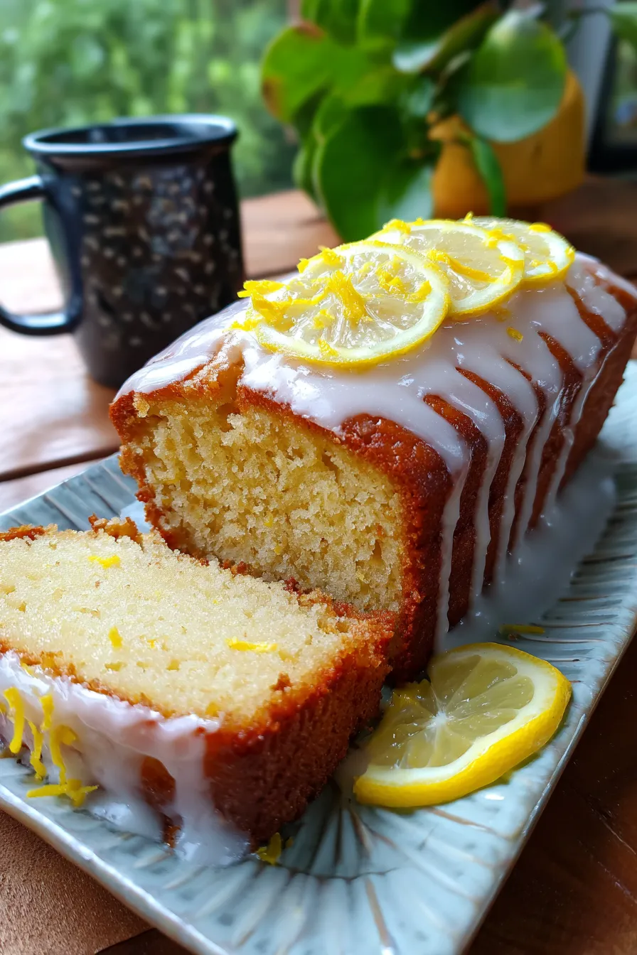 Lemon Loaf Cake with Lemon Glaze overhead shot