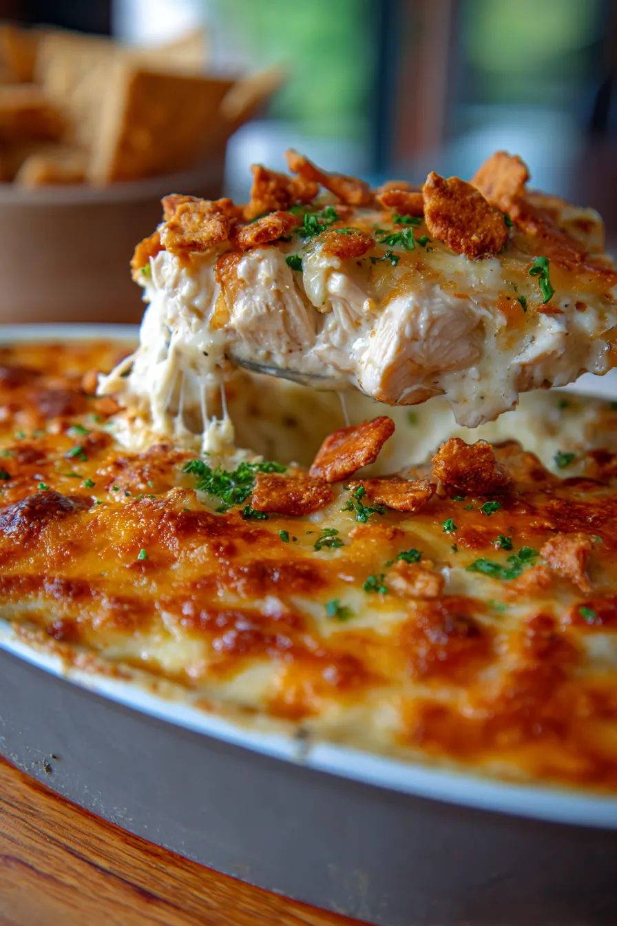 Million Dollar Chicken Casserole, baked in dish, rustic wooden table, side view