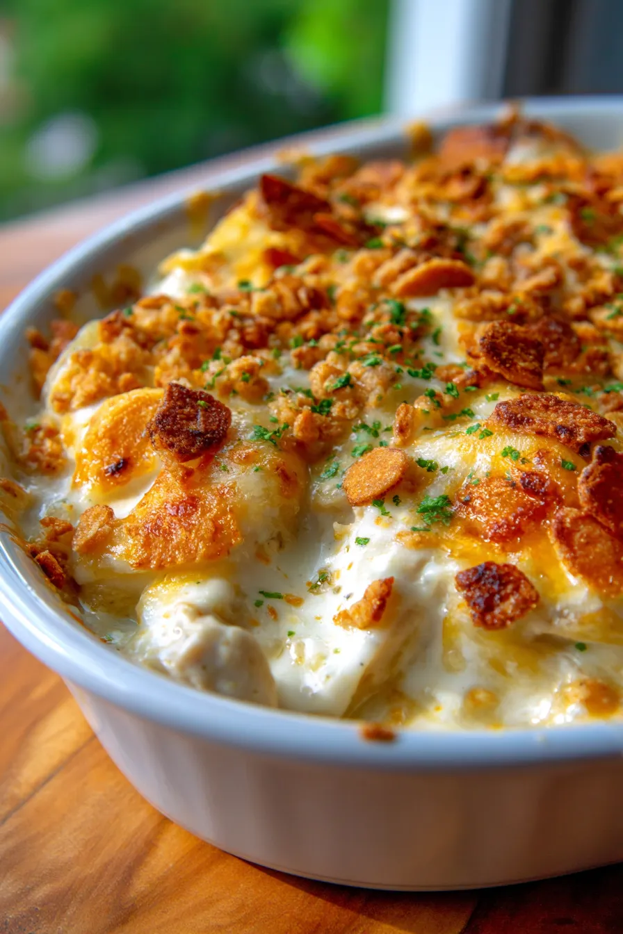 Million Dollar Chicken Casserole, serving spoon, portion on plate, steam rising