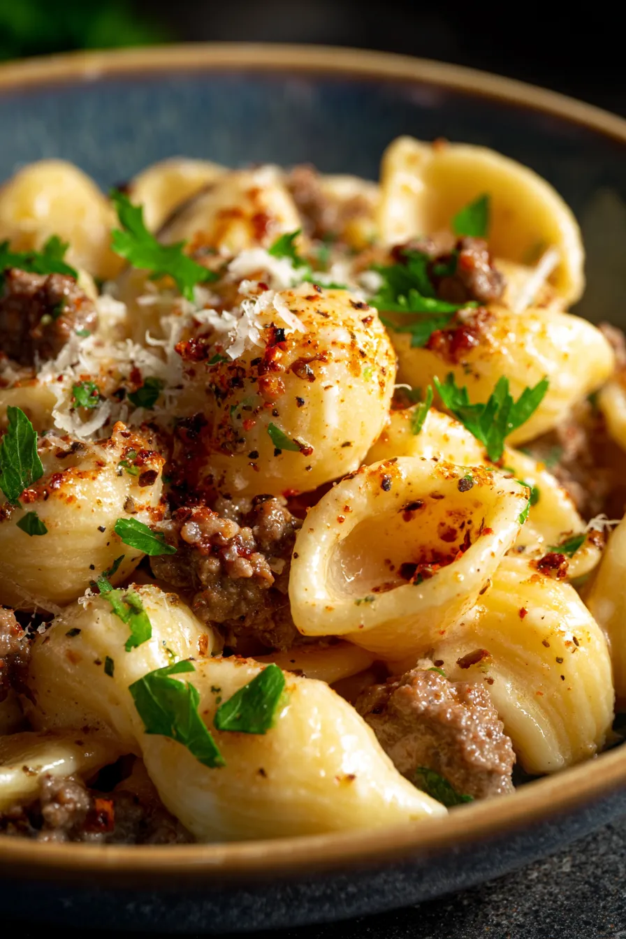 One-Pot Creamy Beef Garlic Butter Pasta-close-up-texture