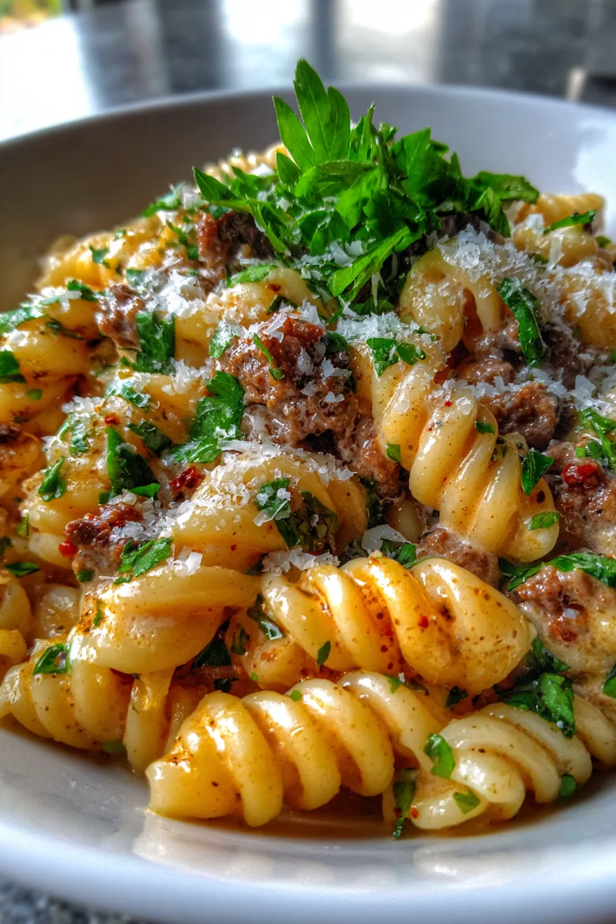 One-Pot Creamy Beef Garlic Butter Pasta-serving-spoon