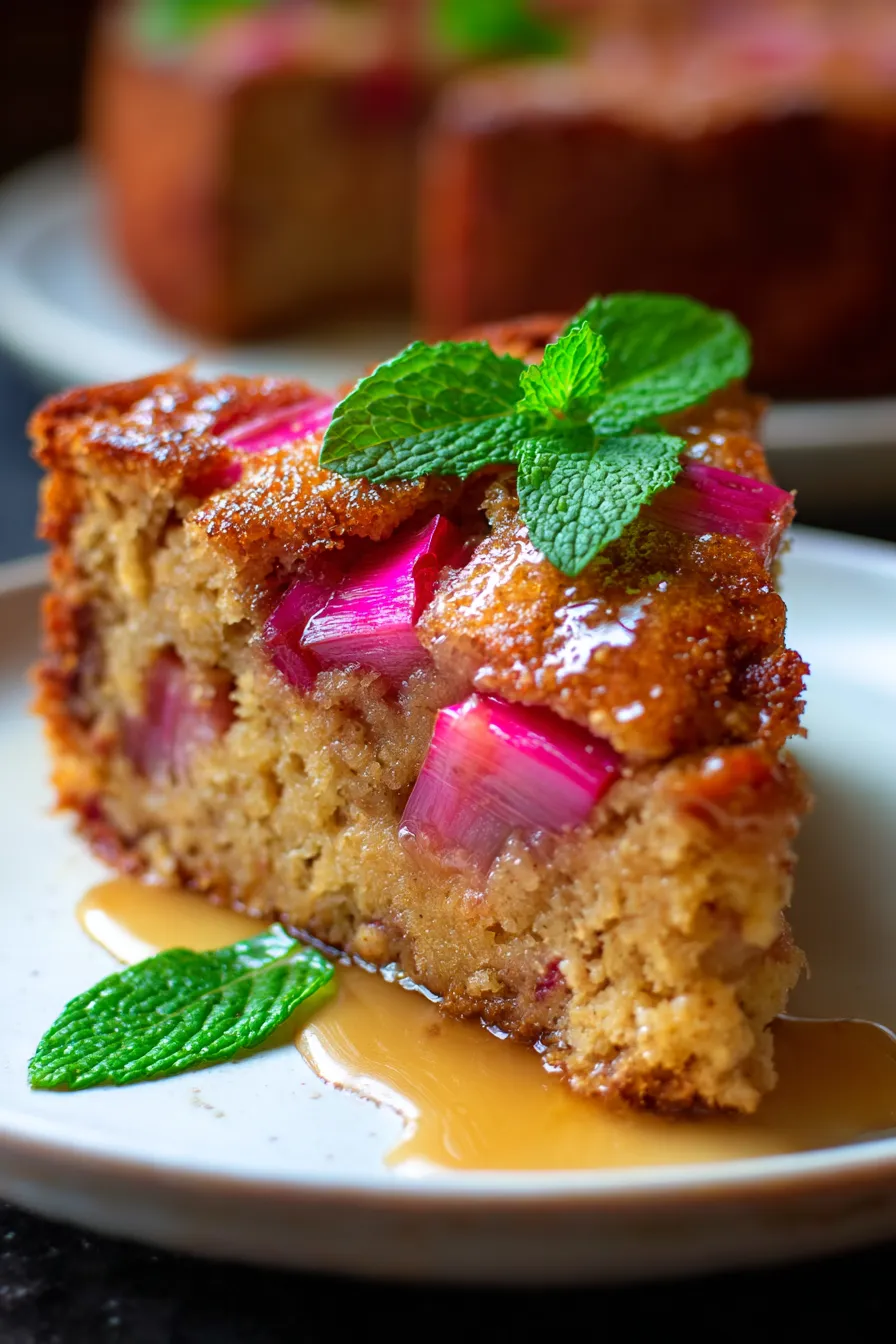 Rhubarb cake with butter sauce-warm-serving