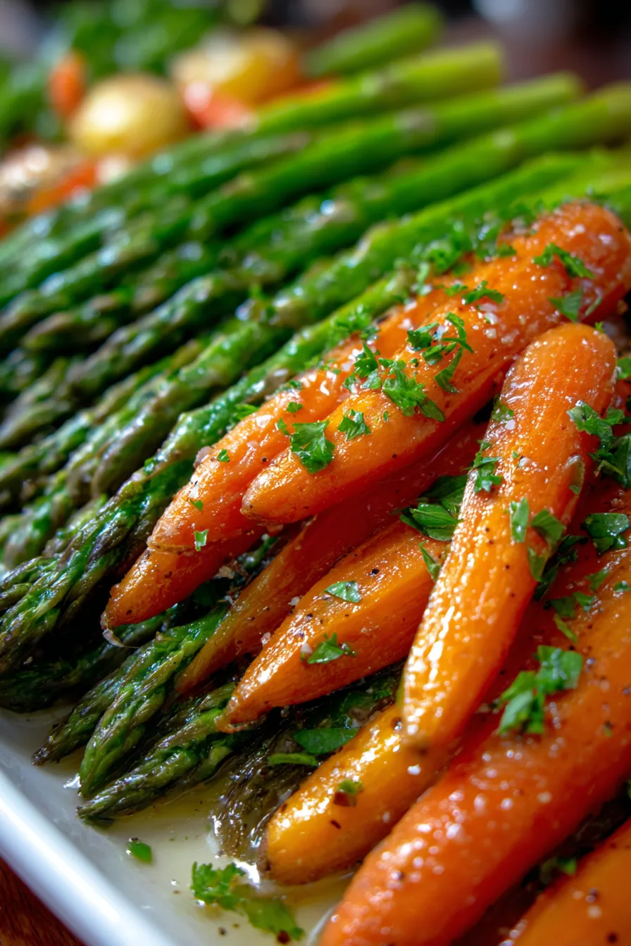 Roasted Asparagus and Carrots - plated - tender crisp - styled