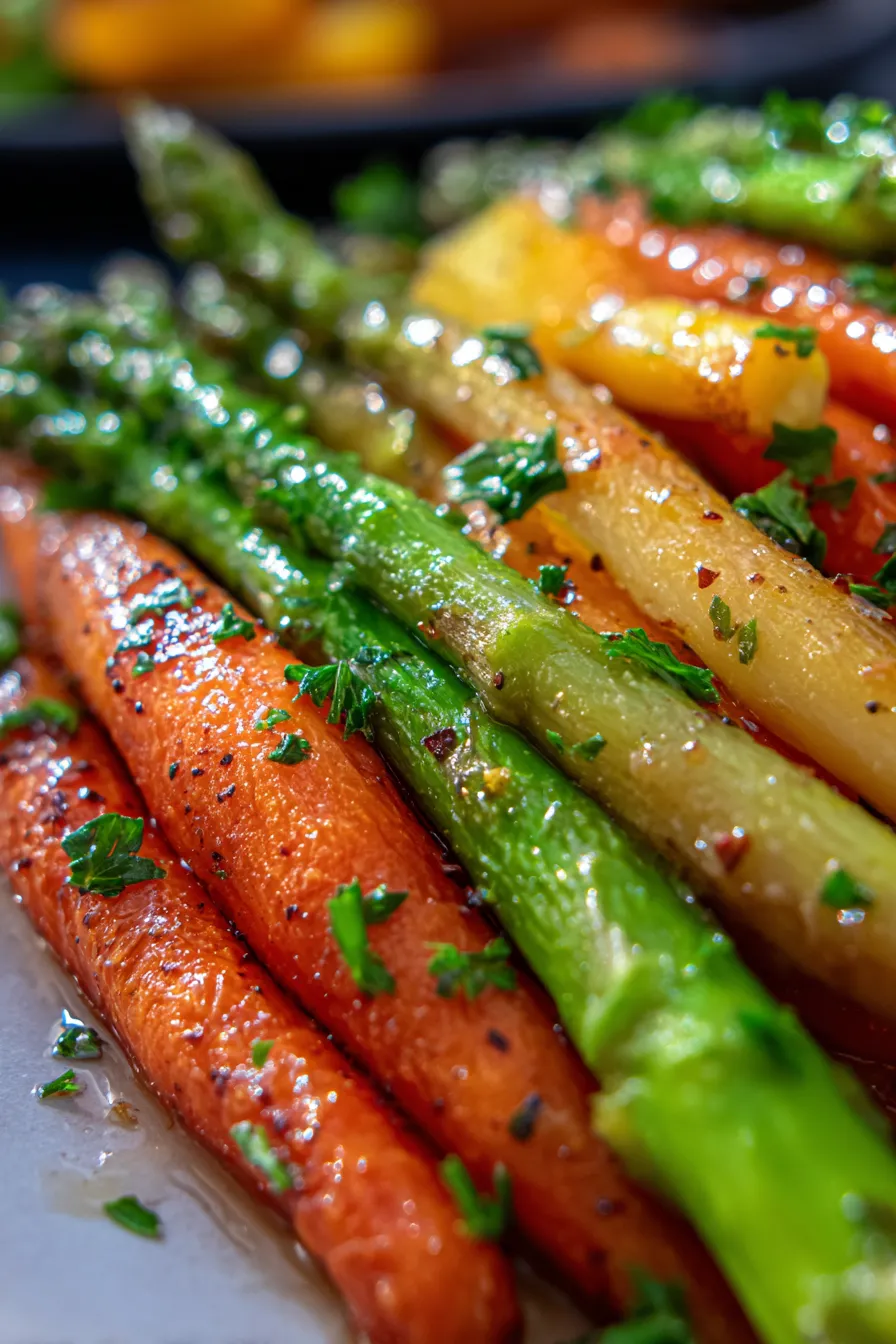 Roasted Asparagus and Carrots - sheet pan - vibrant vegetables - overhead