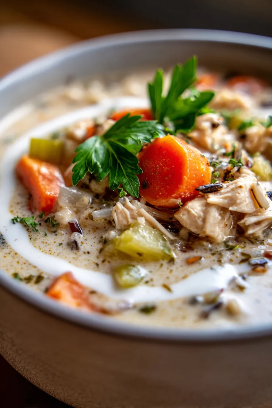 Slow Cooker Chicken and Wild Rice Soup - creamy texture overhead