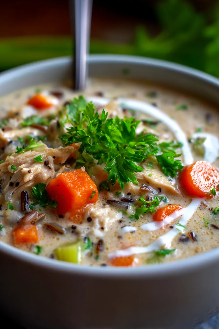 Slow Cooker Chicken and Wild Rice Soup - garnished fresh herbs side view