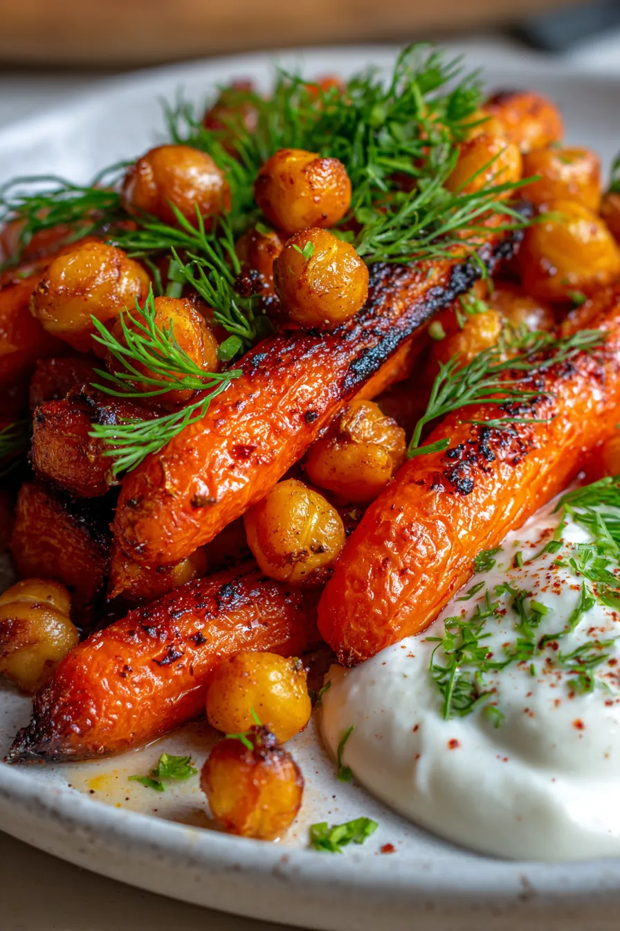 Spicy maple roast carrots with crispy chickpeas and yogurt sauce-plated-closeup