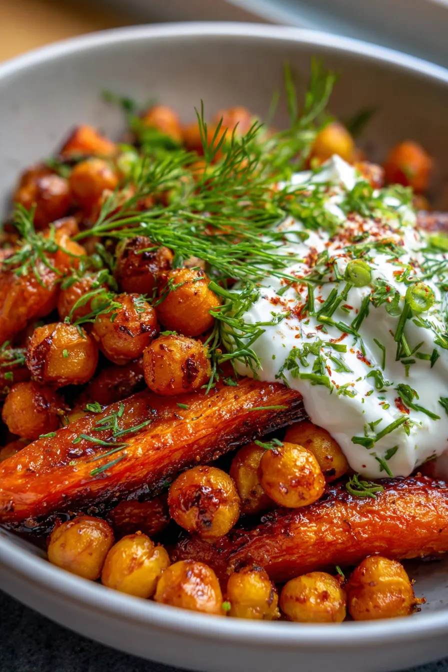 Spicy maple roast carrots with crispy chickpeas and yogurt sauce-texture-detail