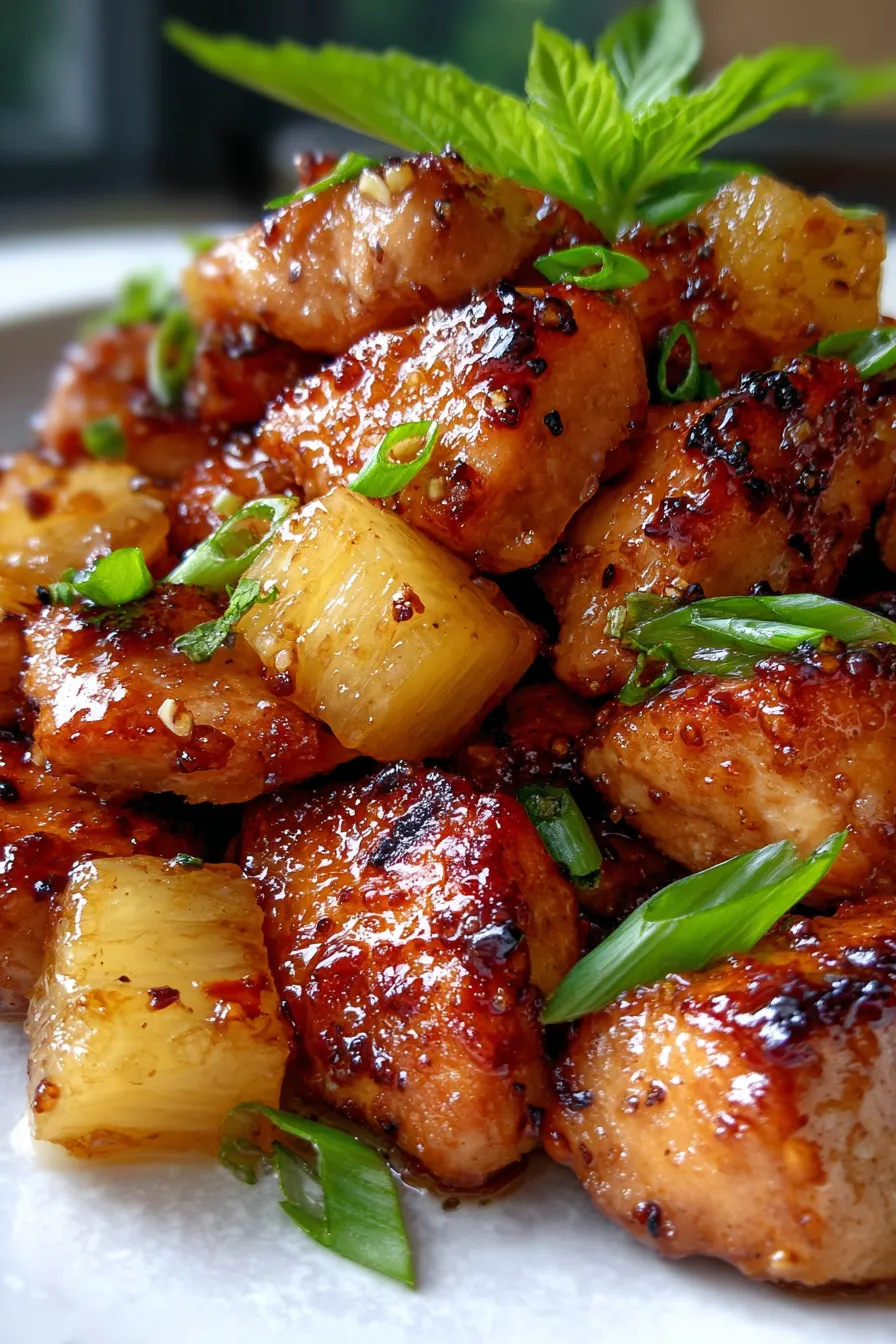 Sweet & Sticky Pineapple Bourbon Chicken – A Dinner Winner!-serving-closeup