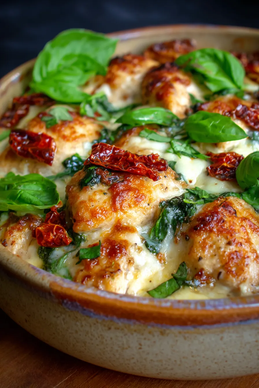 Baked Tuscan Chicken Casserole – creamy texture – close up – herbs garnish
