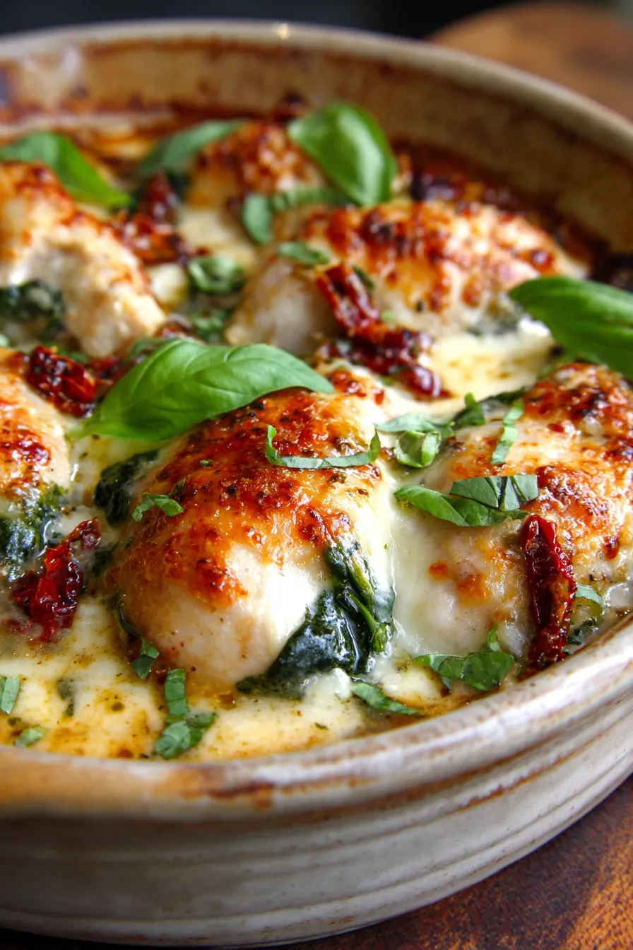 Baked Tuscan Chicken Casserole – ingredients spread – vibrant colors – flat lay