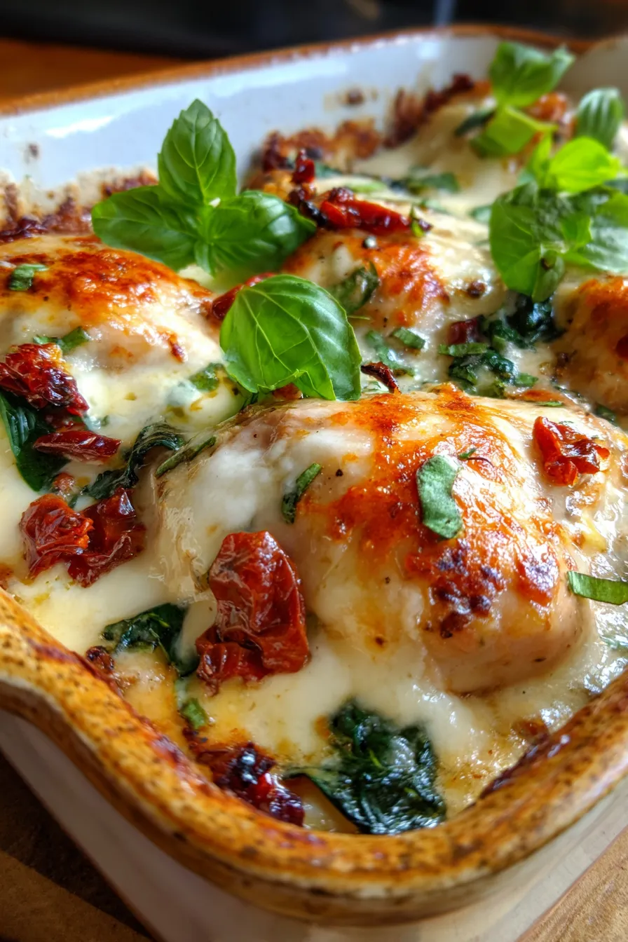 Baked Tuscan Chicken Casserole – serving portion – rich sauce – side view
