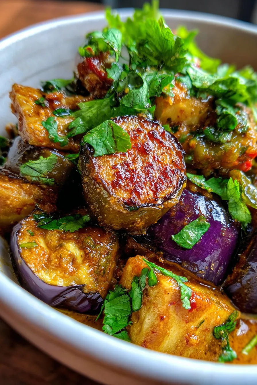 Buttery-tender Eggplant Curry, overhead shot, served with rice