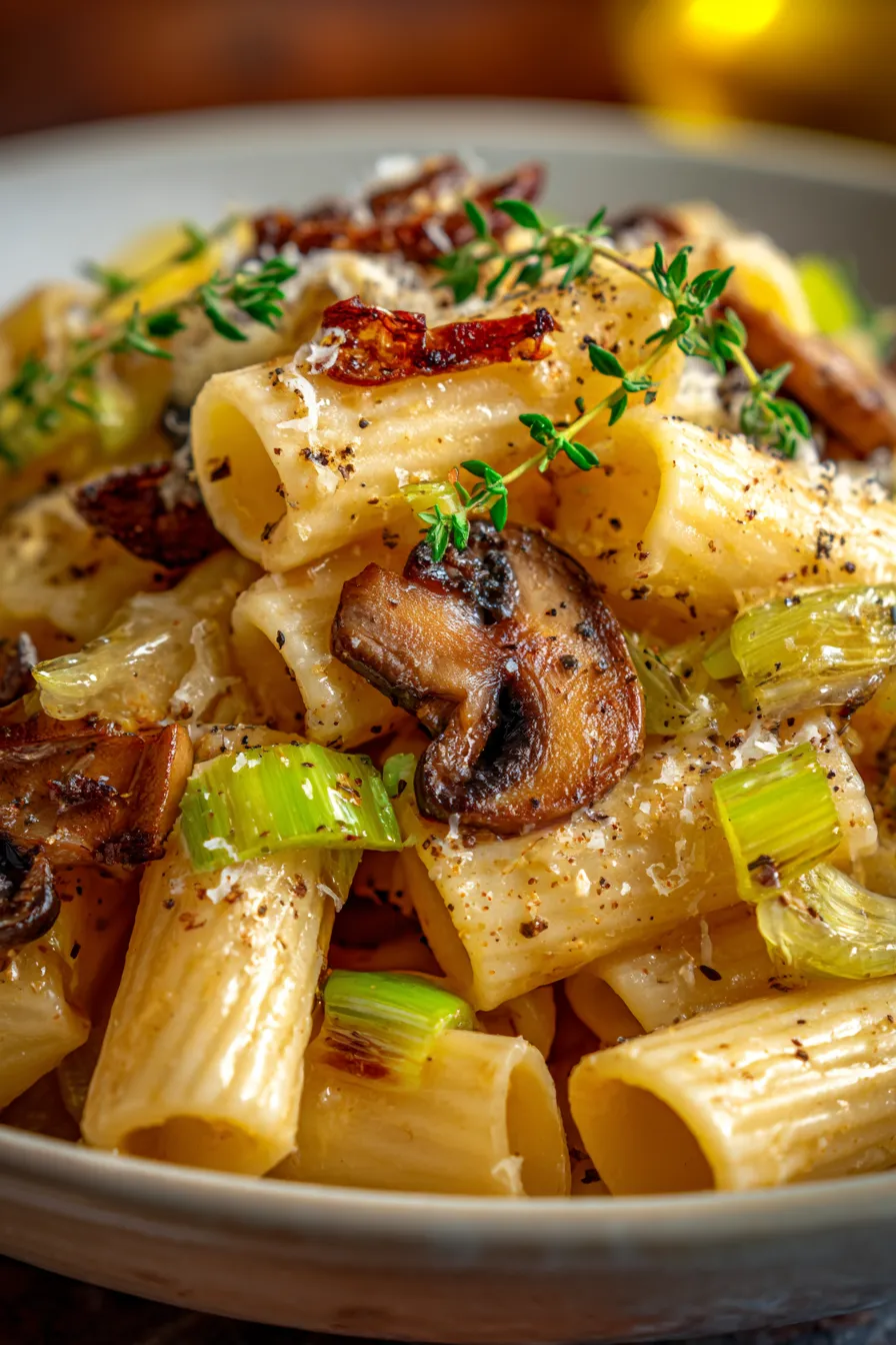 Caramelized Leek and Mushroom Gruyere Pasta – close up cheesy sauce pasta fork