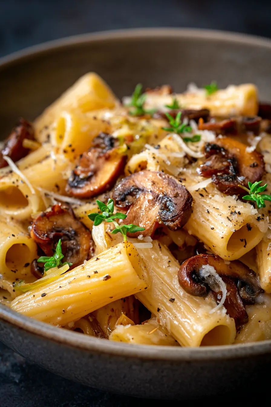 Caramelized Leek and Mushroom Gruyere Pasta – ingredients prep shot rustic