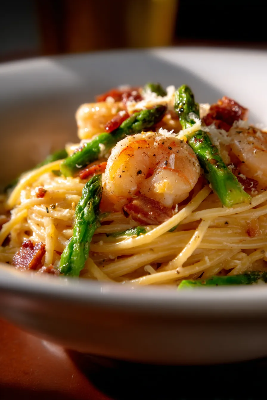 Creamy Carbonara with shrimp and asparagus closeup