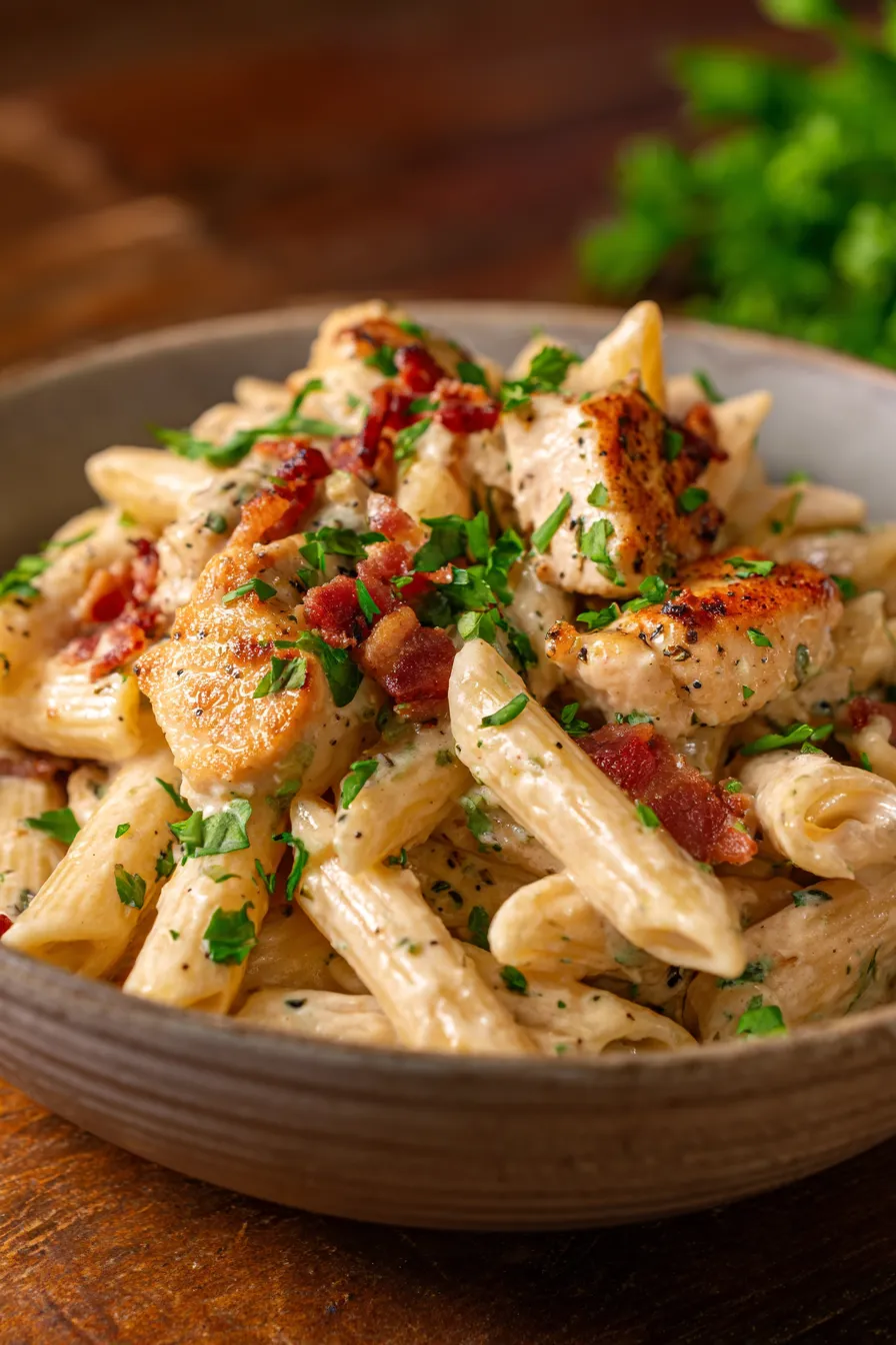 Creamy Chicken Bacon Ranch Pasta-plated-garnish-fresh