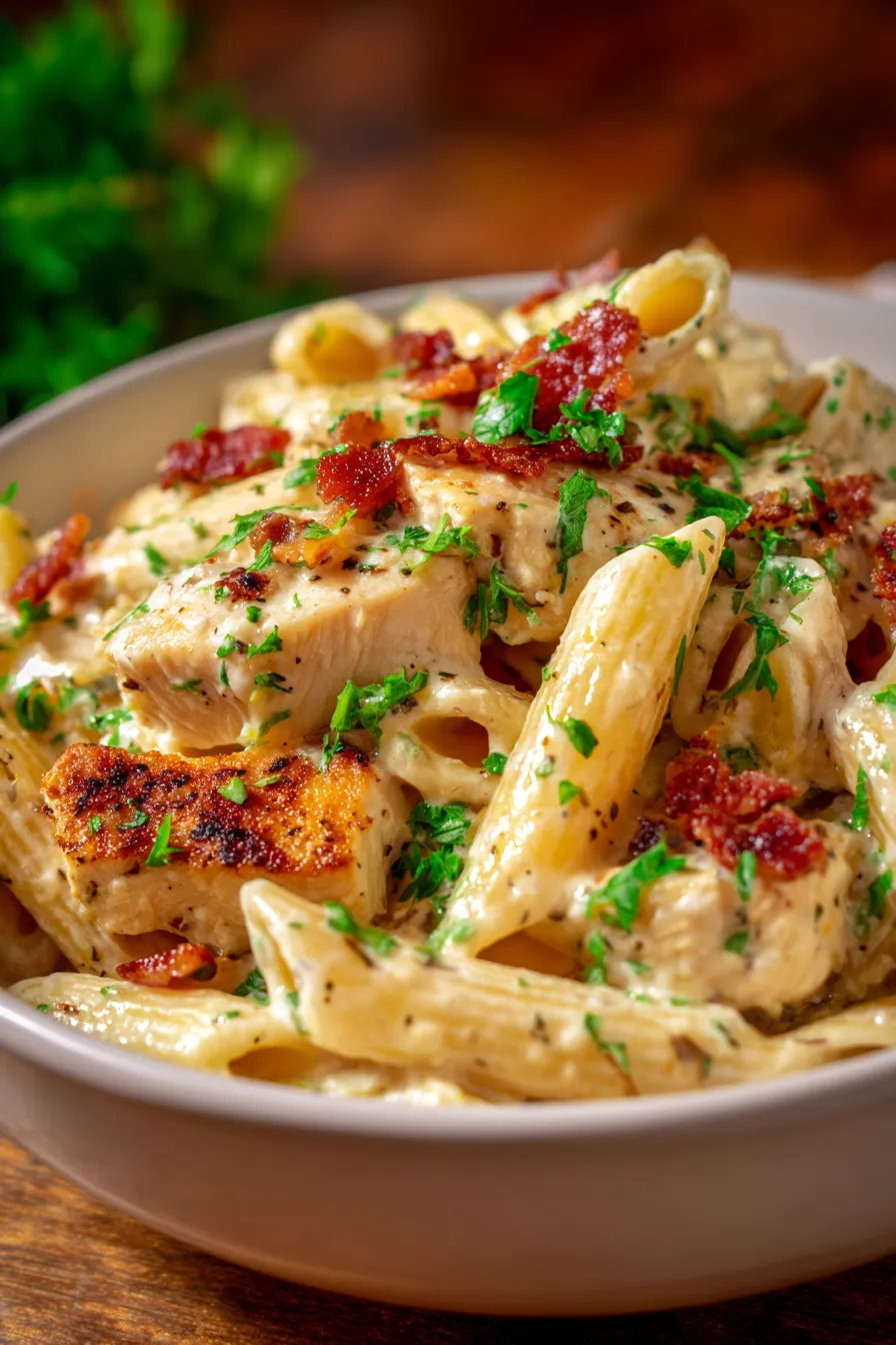 Creamy Chicken Bacon Ranch Pasta-texture-closeup-bacon