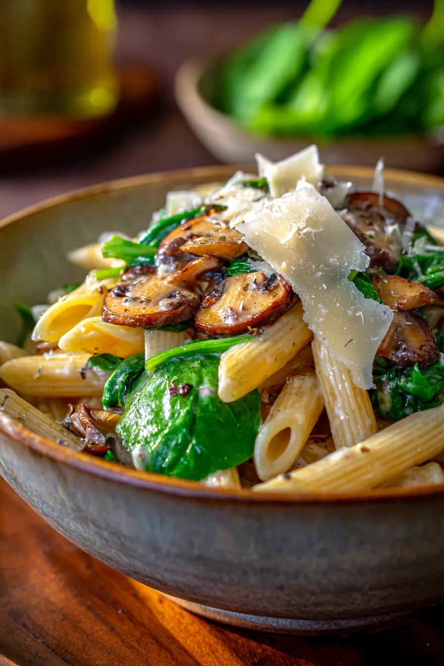 Creamy Parmesan Spinach Mushroom Pasta-closeup-texture