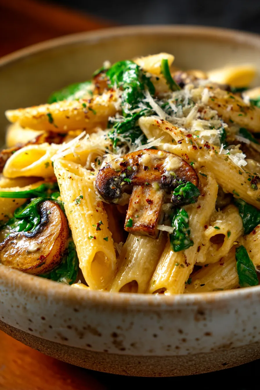 Creamy Parmesan Spinach Mushroom Pasta-serving-bowl