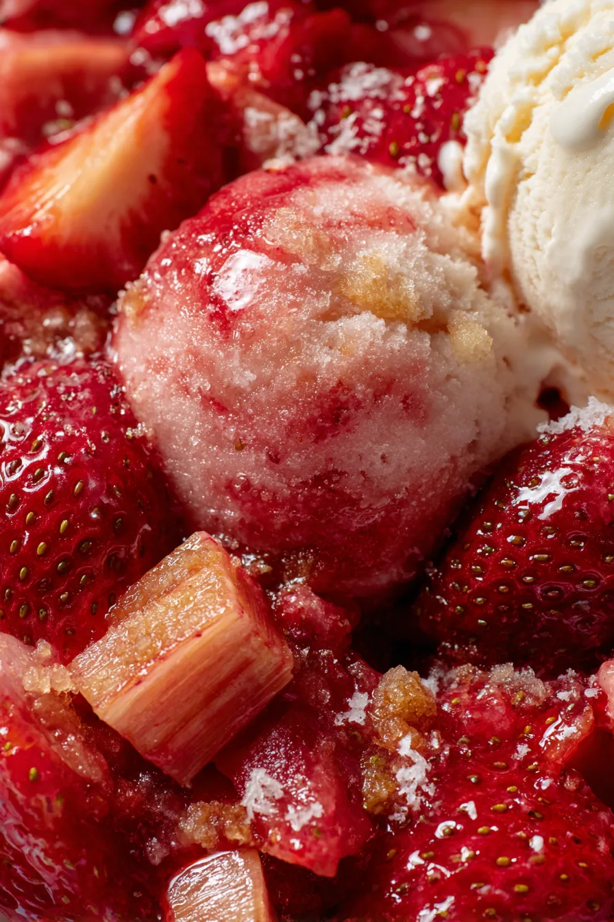 Easy Strawberry Rhubarb Puddin-bubbling-baking-dish-texture