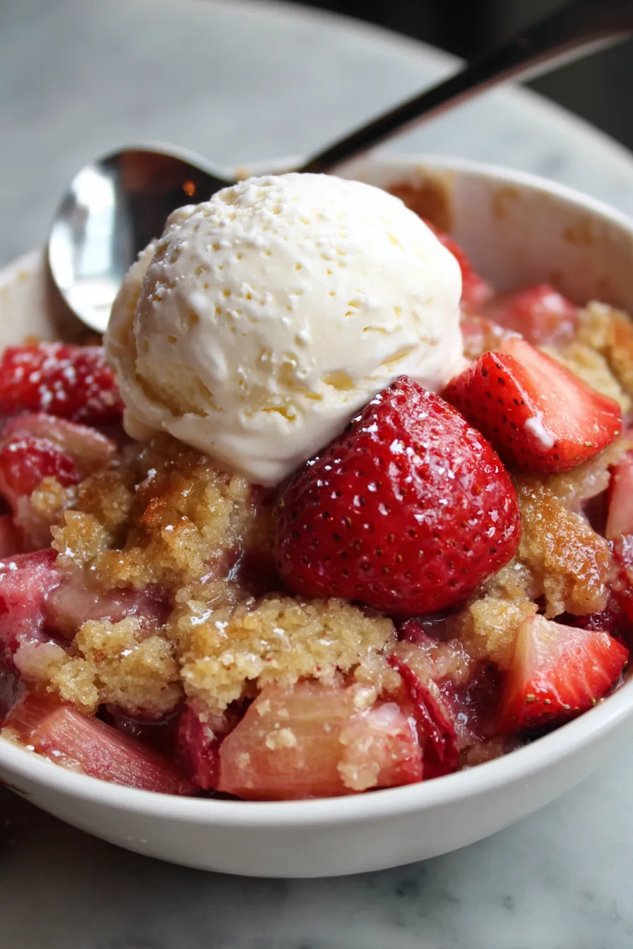 Easy Strawberry Rhubarb Puddin-slice-serving-plate-garnish