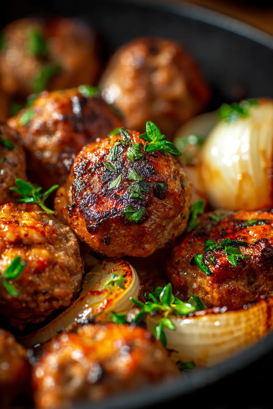 French onion meatballs bubbling cheese closeup rustic bowl