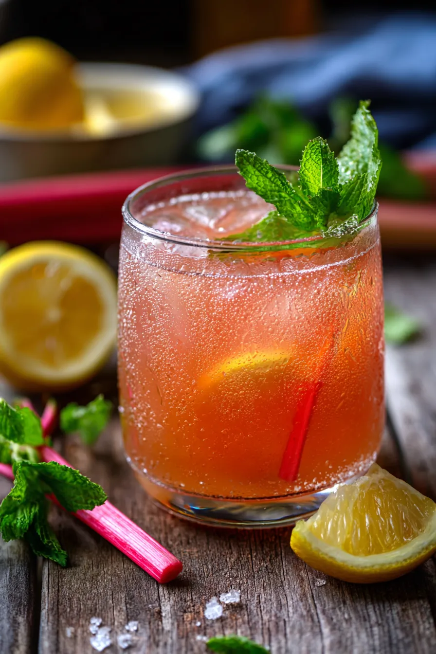 Fresh Rhubarb Tea, close up, condensation, vibrant pink, refreshing