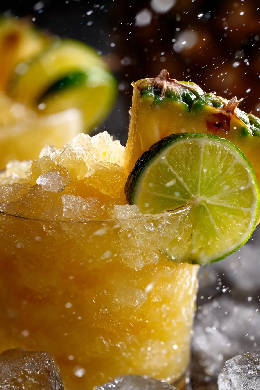 Frozen Pineapple Margaritas – blender – process – fresh pineapple – lime – ingredients – close-up