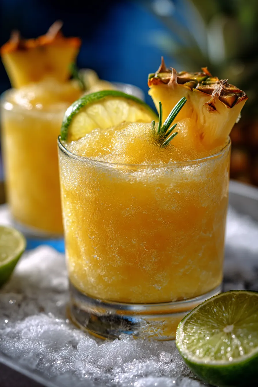 Frozen Pineapple Margaritas – garnished – tropical – icy – refreshing – macro
