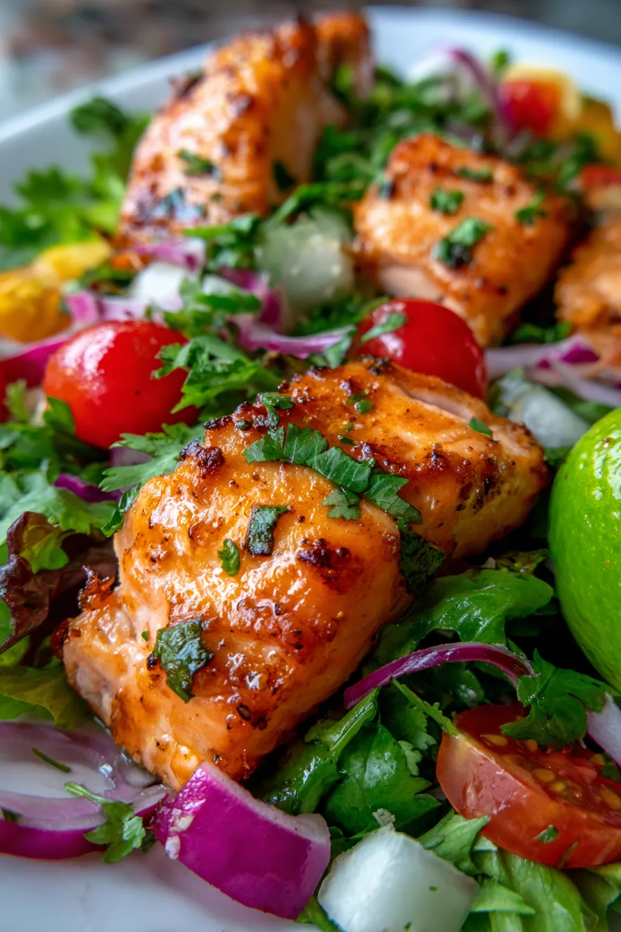 honey cilantro lime salmon salad-close up